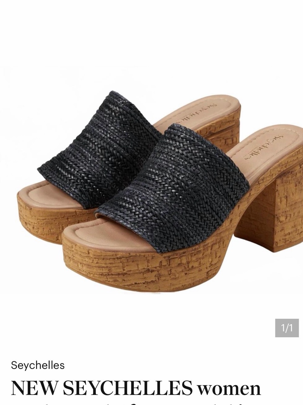 Anthropologie Black Woven Cork Block Heel Mules